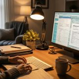 Cozy workspace with a person managing IRS payment plans, emphasizing comfort and focus